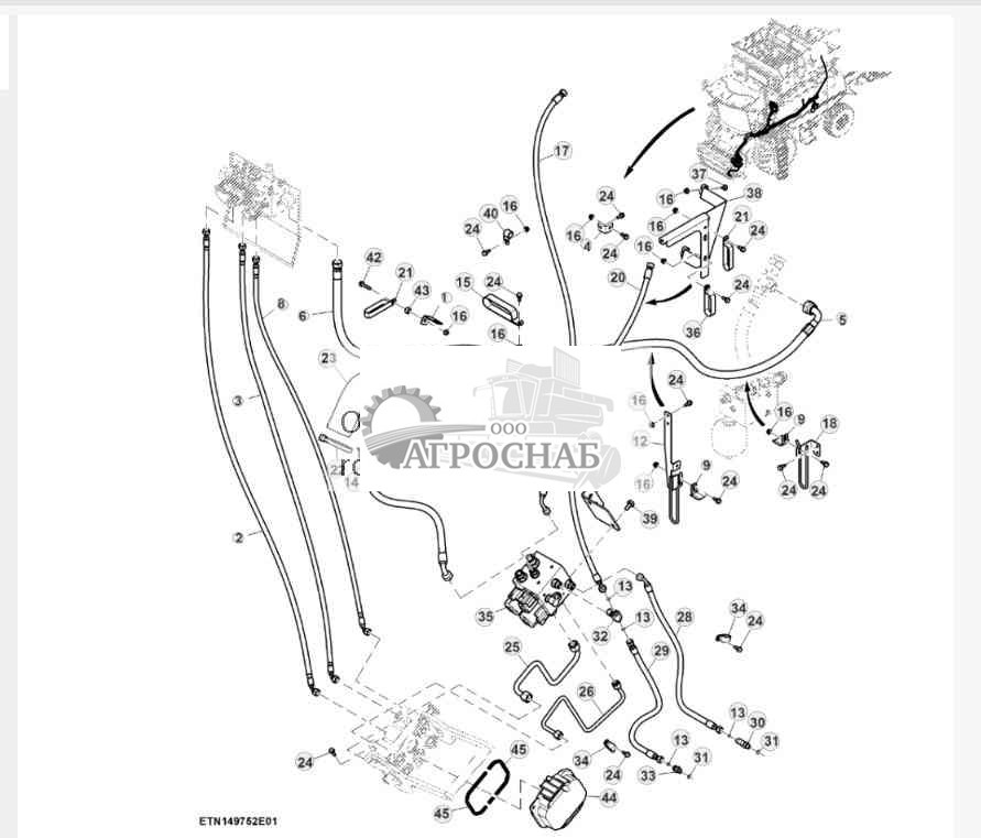 Гидравлические трубопроводы привода мотовила, трансмиссия с кнопочным переключением передач 